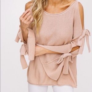 Knit Crochet Pullover Sweater Cold Shoulder Pink